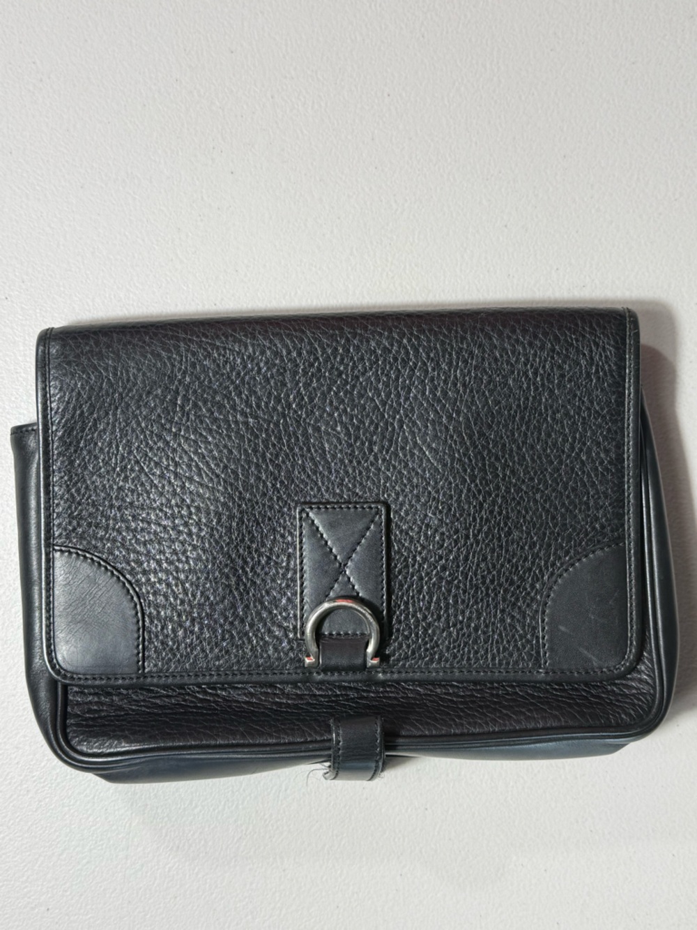 Salvatore Ferragamo clutch bag black pebbled leather vintage foldover pouch